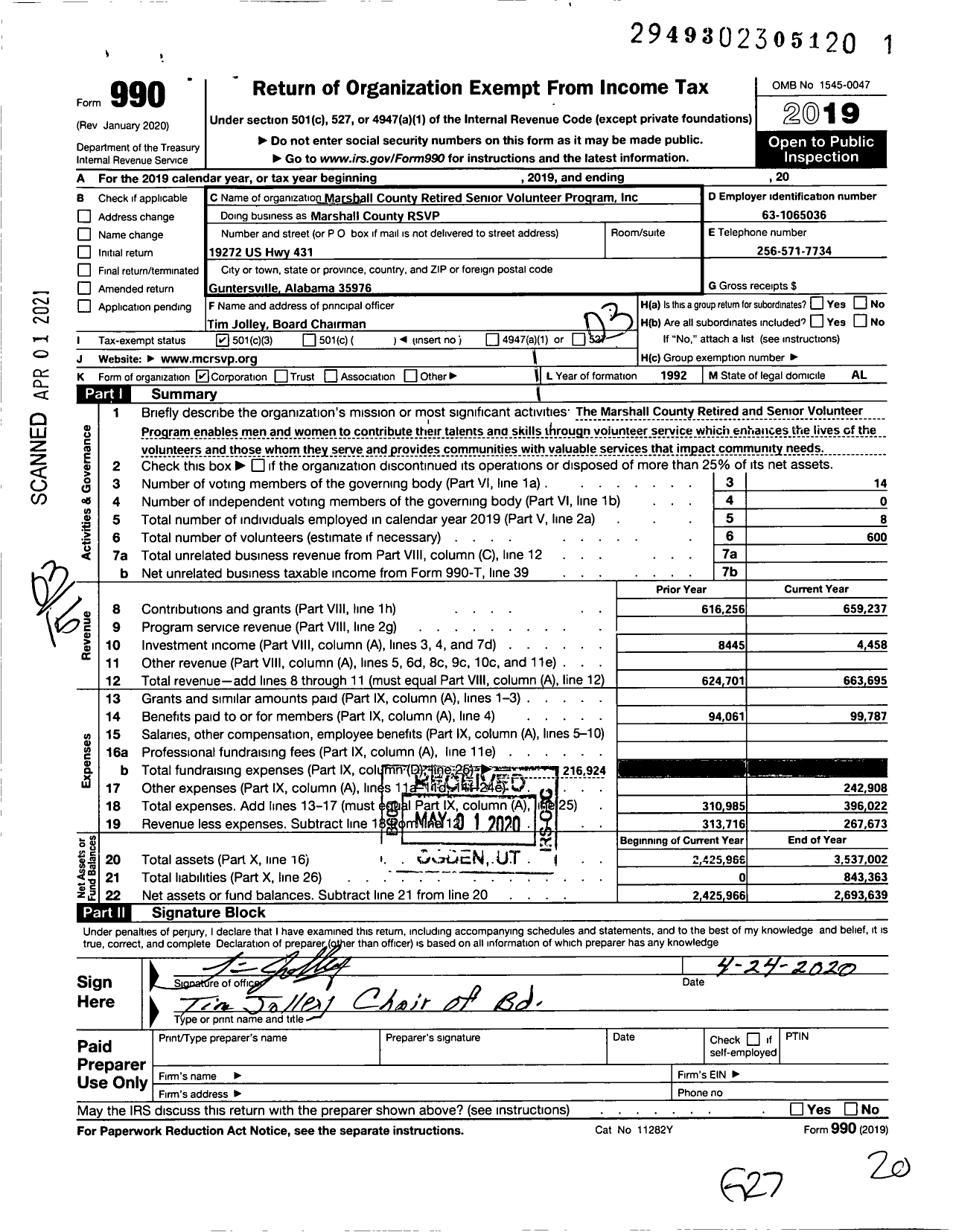 Image of first page of 2019 Form 990 for Marshall County RSVP