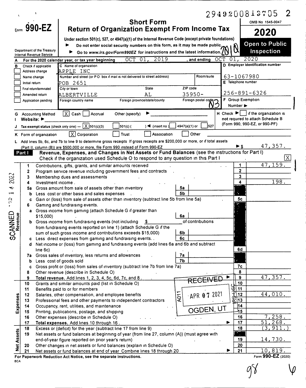 Image of first page of 2019 Form 990EZ for Albertville People Providing Love and Education