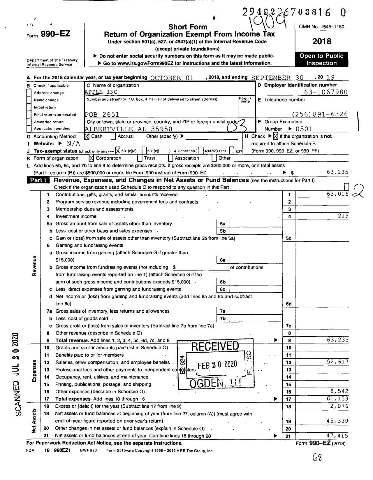 Image of first page of 2018 Form 990EZ for Albertville People Providing Love and Education