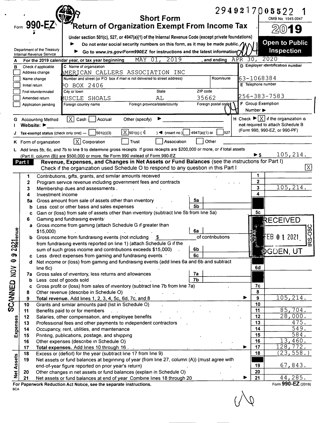 Image of first page of 2019 Form 990EO for American Callers Association