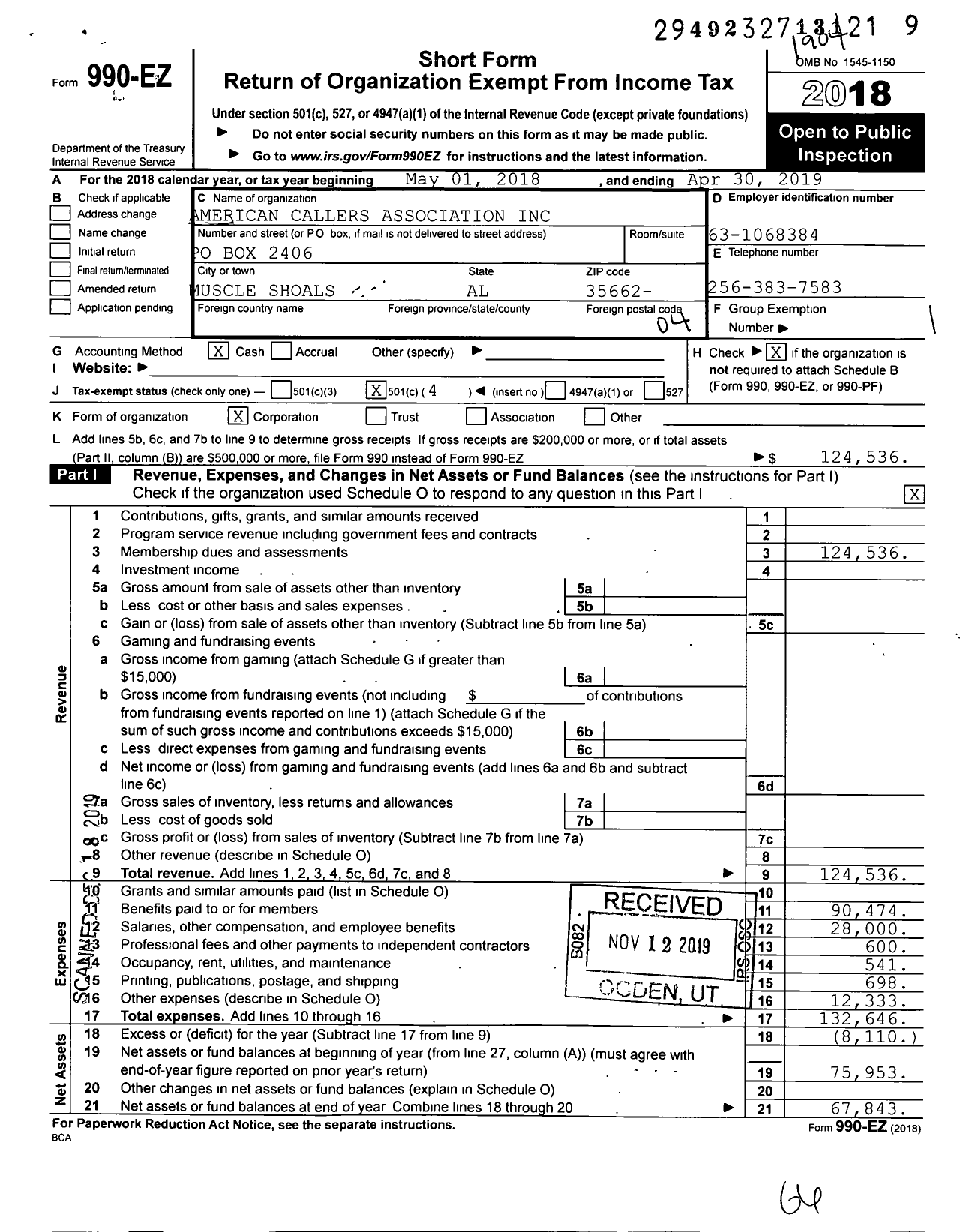 Image of first page of 2018 Form 990EO for American Callers Association