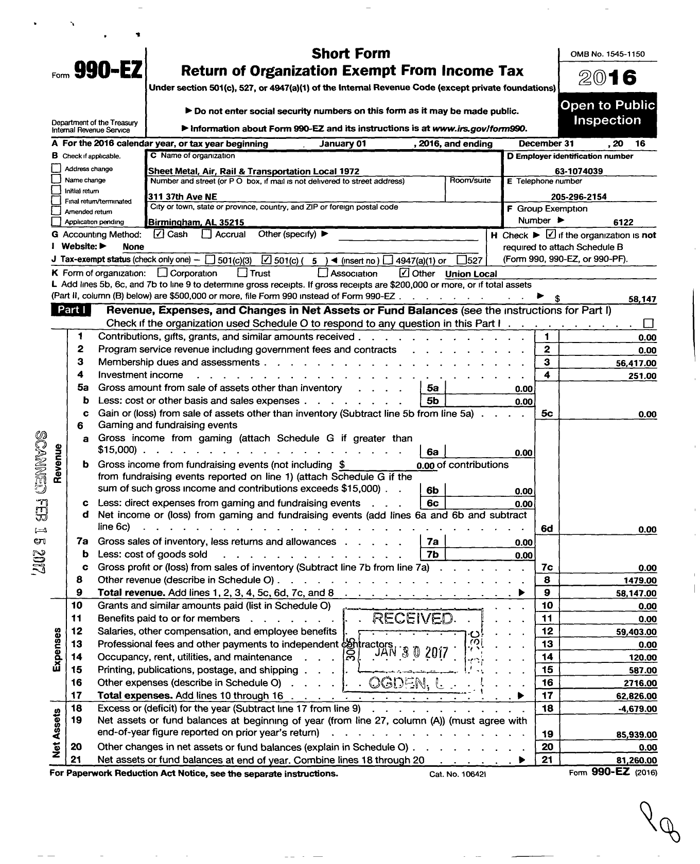 Image of first page of 2016 Form 990EO for Smart Union - 1972 TD