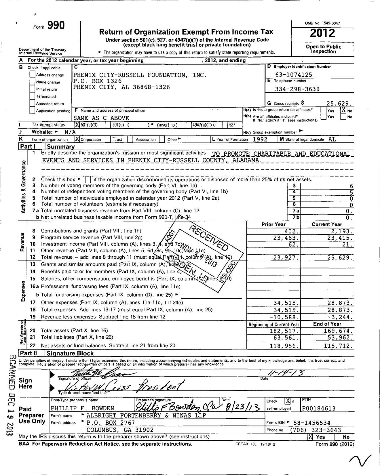 Image of first page of 2012 Form 990 for Phenix City- Russell Foundation