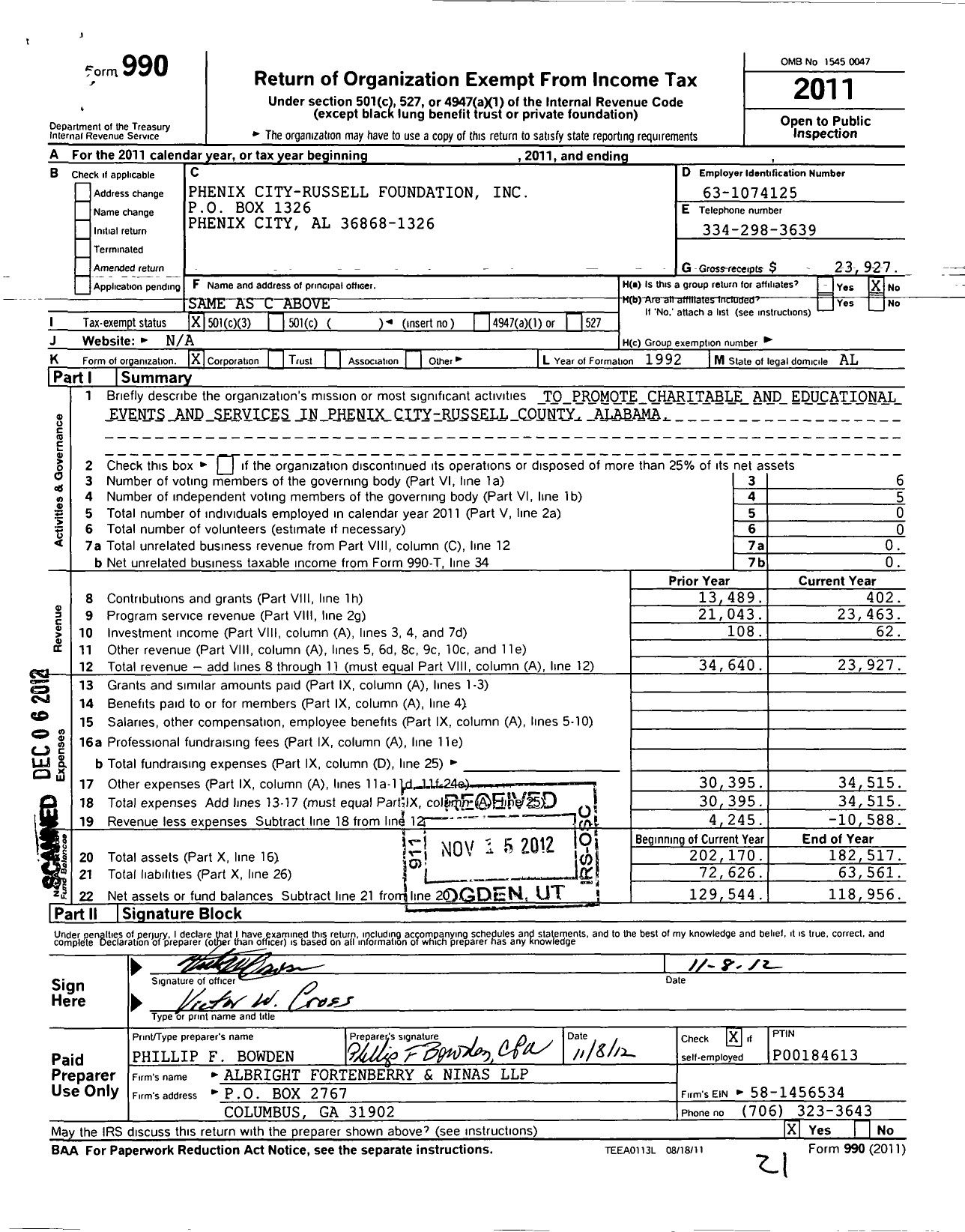 Image of first page of 2011 Form 990 for Phenix City- Russell Foundation