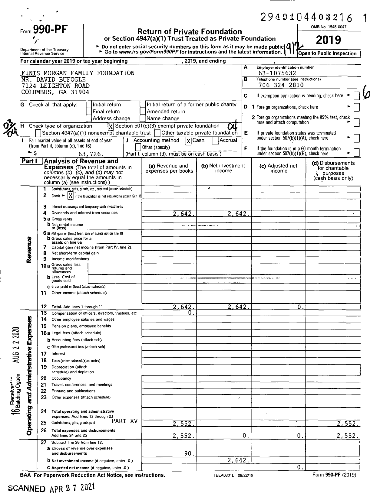 Image of first page of 2019 Form 990PF for Finis Morgan Family Foundation Mr David Bufogle