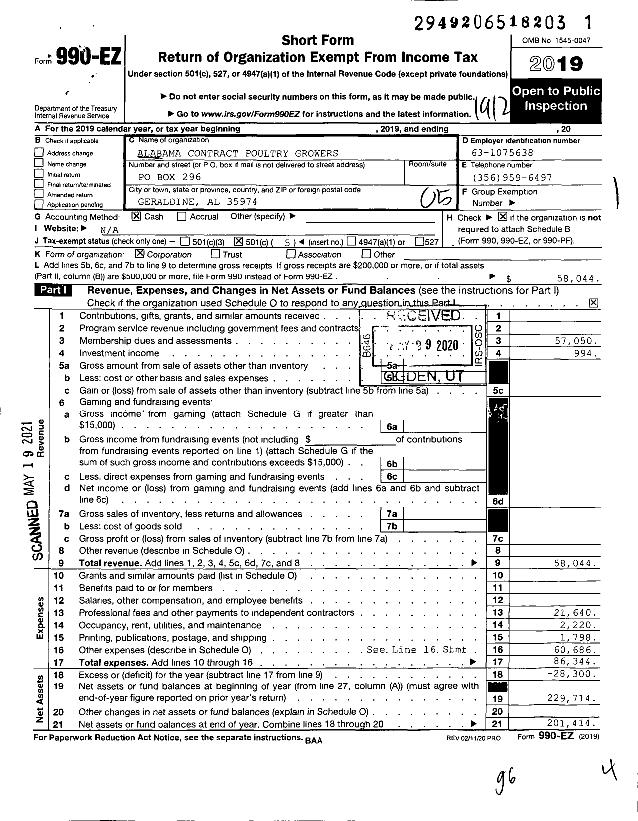 Image of first page of 2019 Form 990EO for Alabama Contract Poultry Growers Association