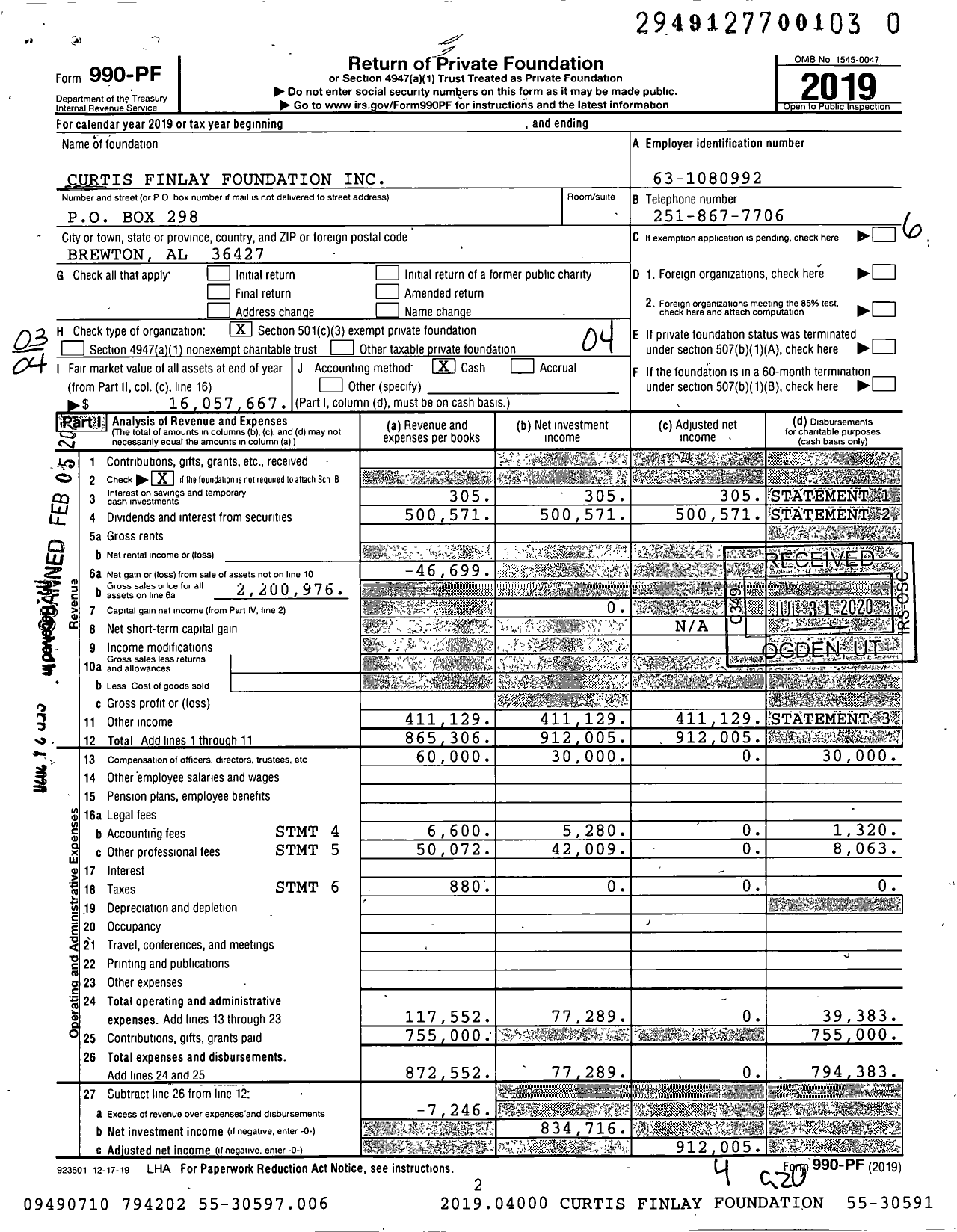 Image of first page of 2019 Form 990PF for Curtis Finlay Foundation