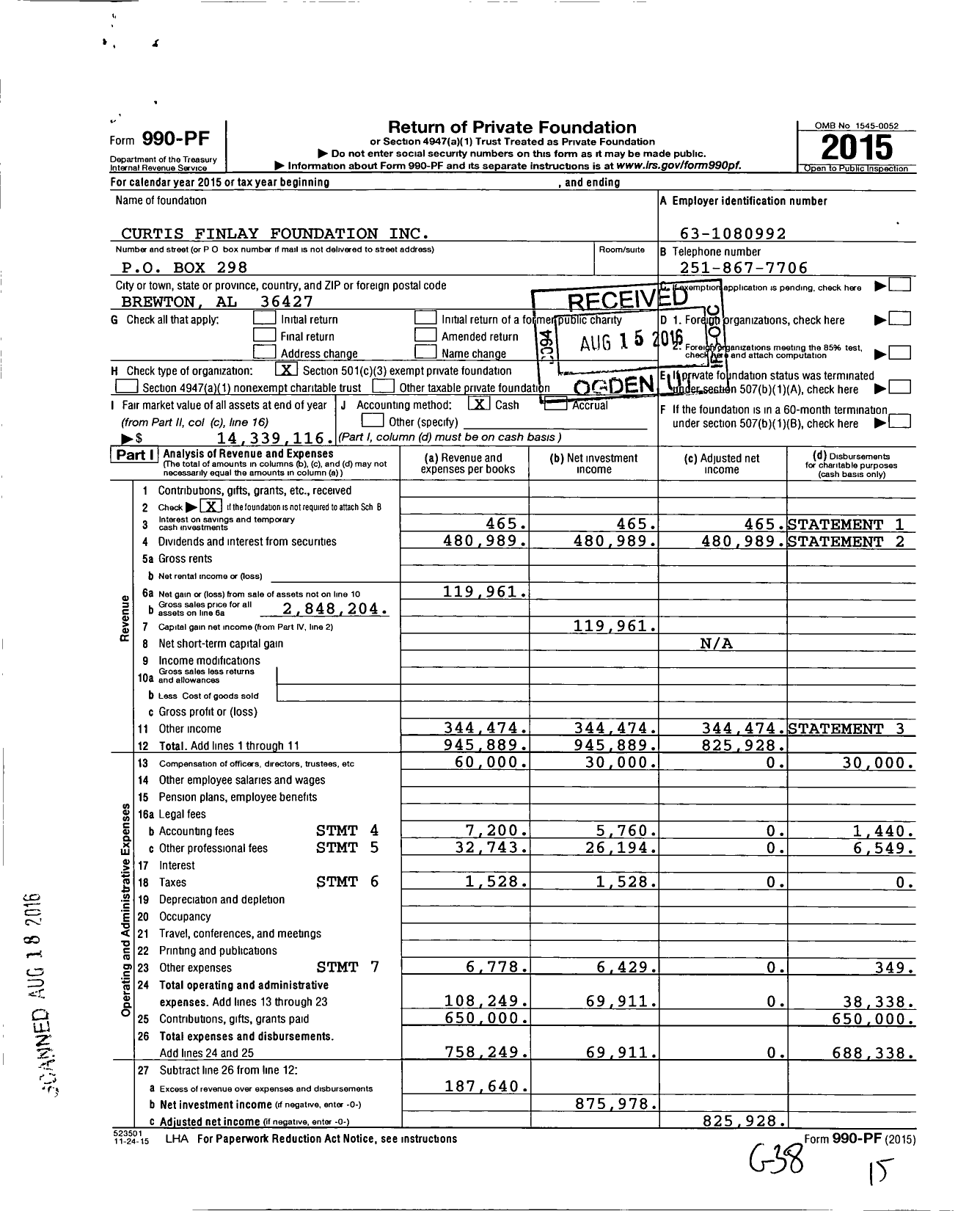 Image of first page of 2015 Form 990PF for Curtis Finlay Foundation