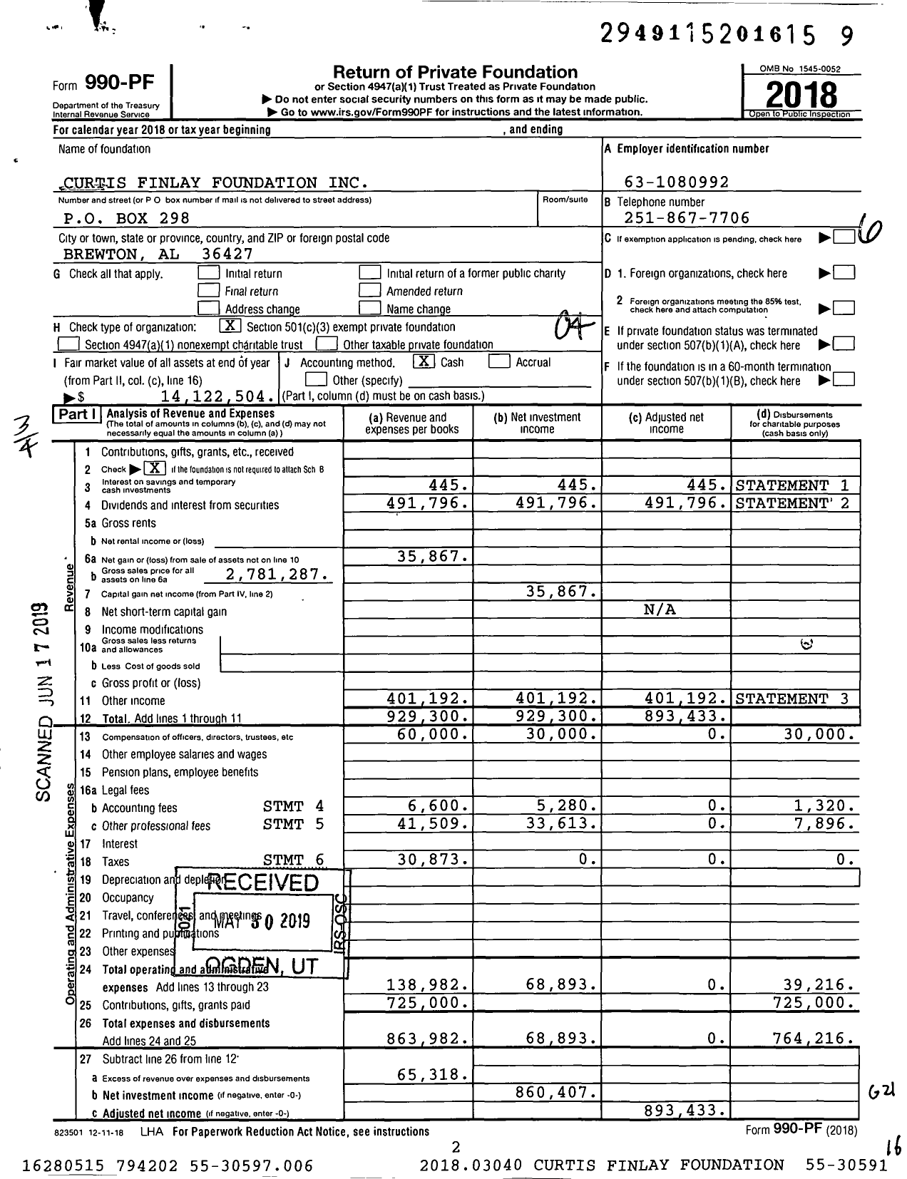 Image of first page of 2018 Form 990PF for Curtis Finlay Foundation