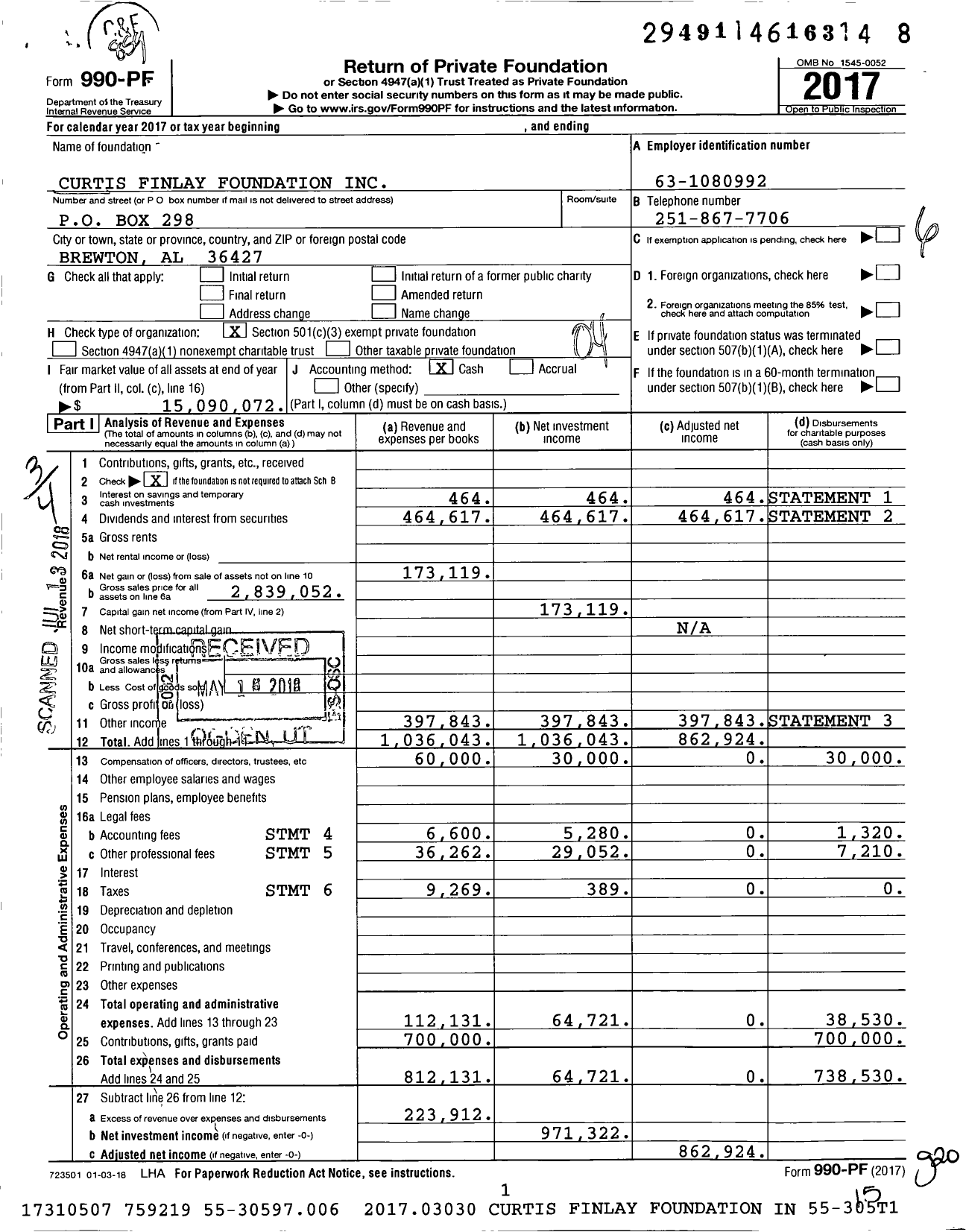 Image of first page of 2017 Form 990PF for Curtis Finlay Foundation