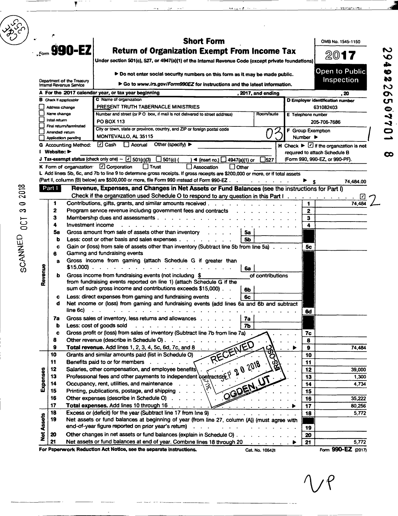 Image of first page of 2017 Form 990EZ for Present Truth Tabernacle Ministries