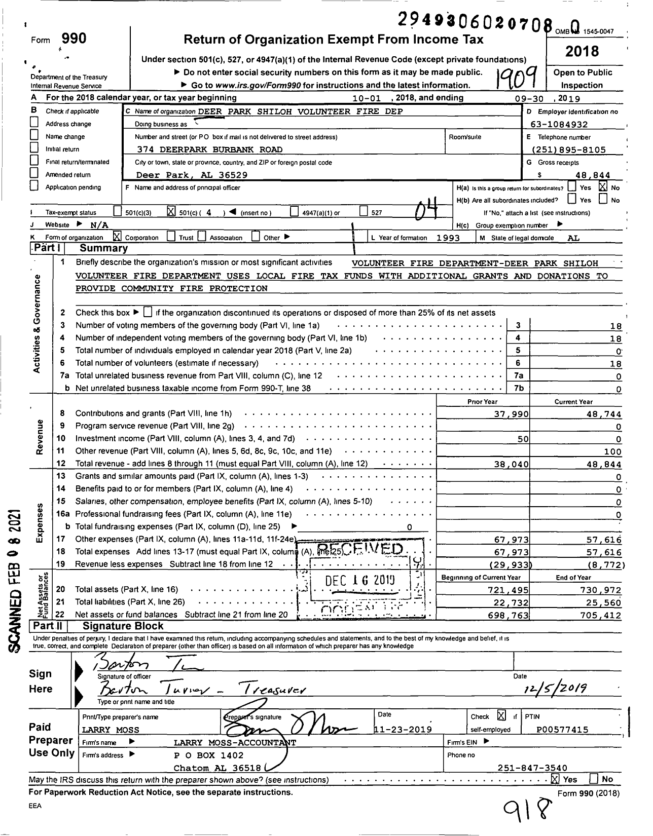 Image of first page of 2018 Form 990O for Deer Park Shiloh Volunteer Fire Dep