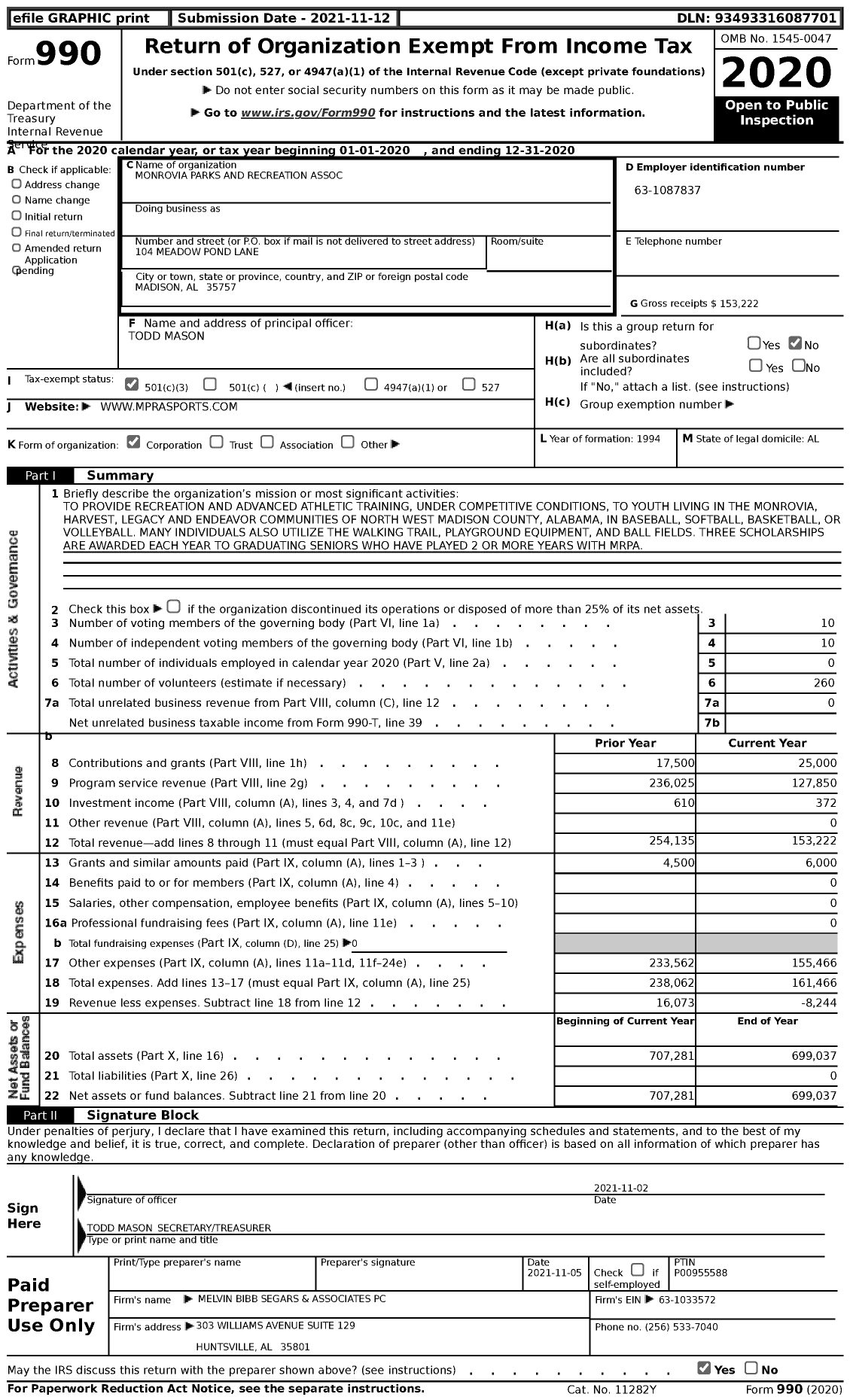 Image of first page of 2020 Form 990 for Monrovia Parks and Recreation Association (MPRA)