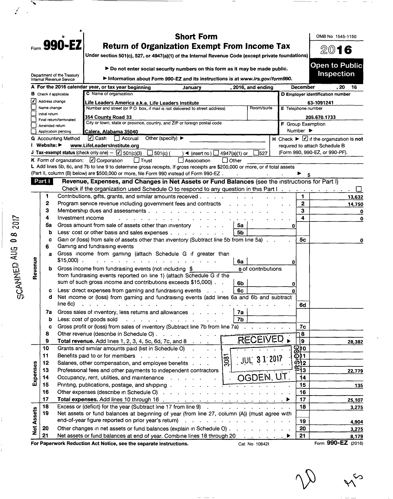 Image of first page of 2016 Form 990EZ for Life Leaders America