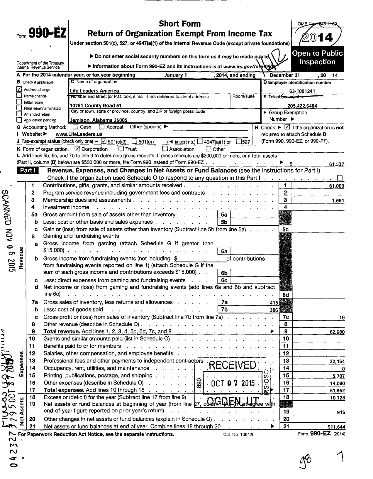 Image of first page of 2014 Form 990EZ for Life Leaders America