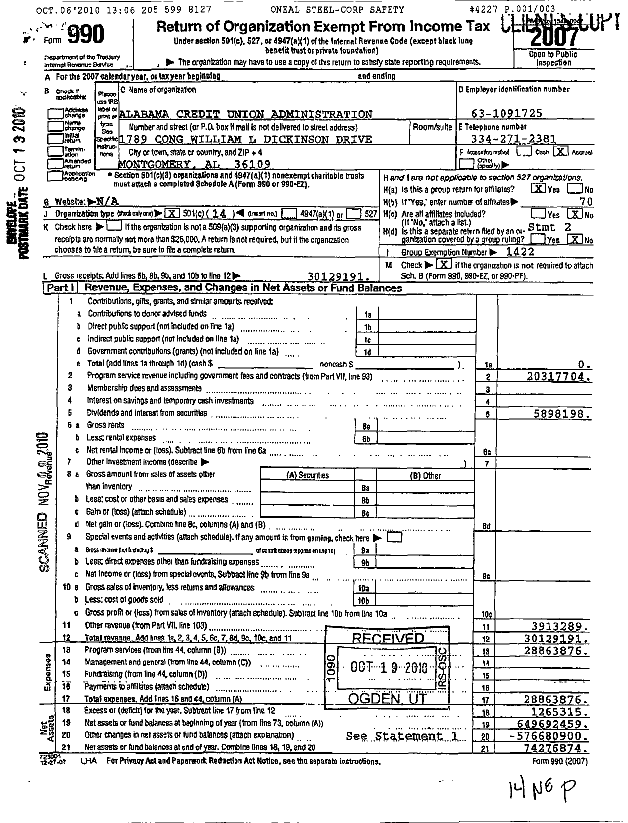 Image of first page of 2007 Form 990O for Alabama Credit Union Administration