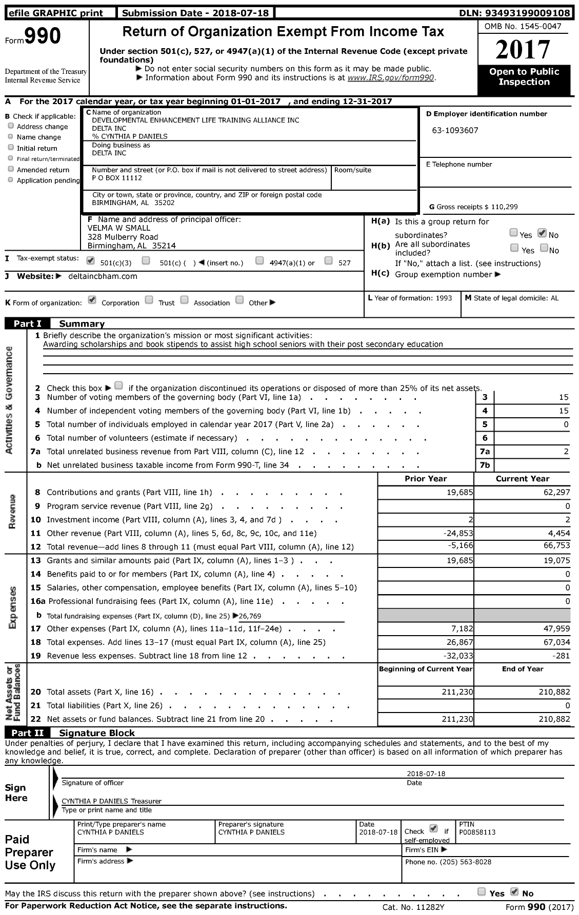 Image of first page of 2017 Form 990 for Developmental Enhancement Life Training Alliance DELTA