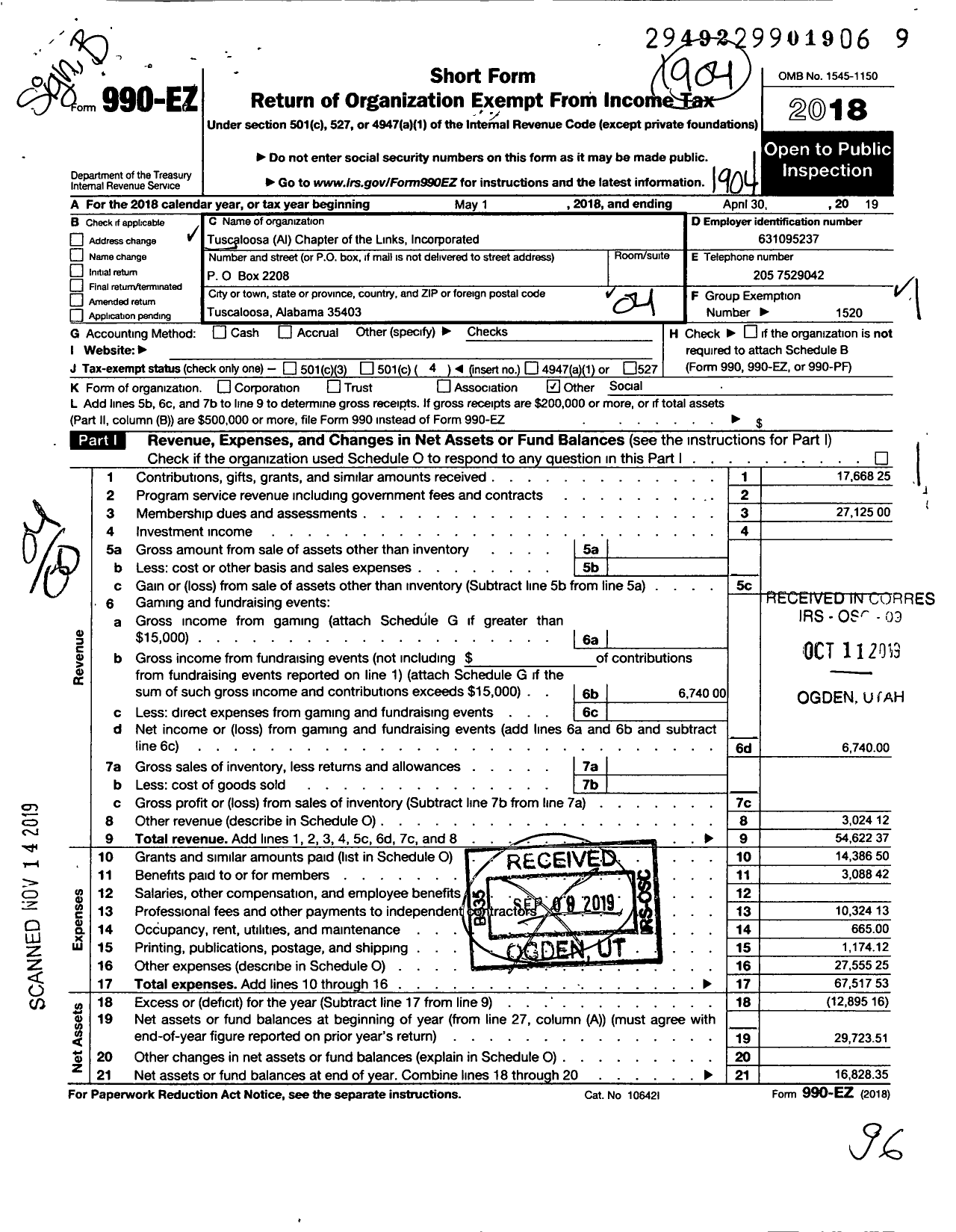 Image of first page of 2018 Form 990EO for Links / Tuscaloosa Chapter