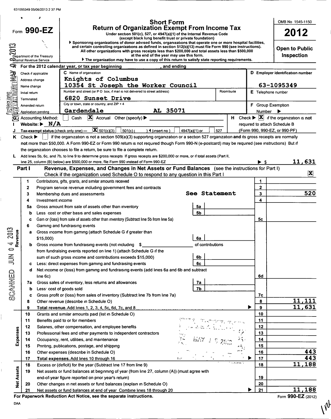 Image of first page of 2012 Form 990EZ for Knights of Columbus