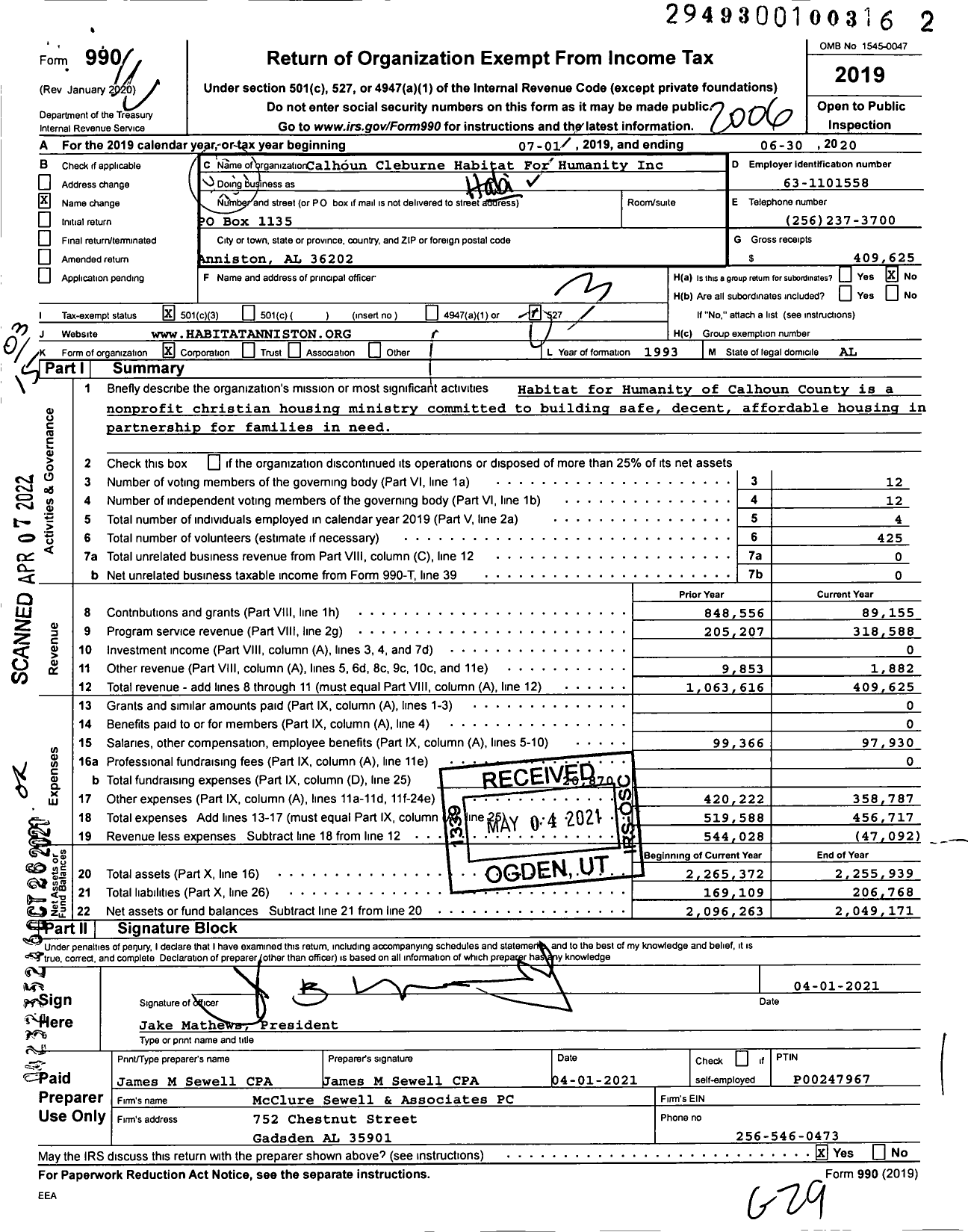 Image of first page of 2019 Form 990 for Habitat For Humanity - Calhoun Cleburne HFH