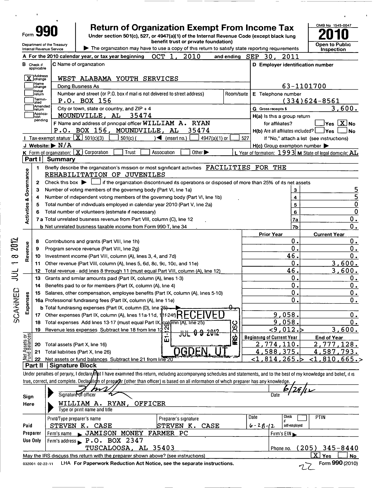 Image of first page of 2010 Form 990 for West Alabama Youth Services