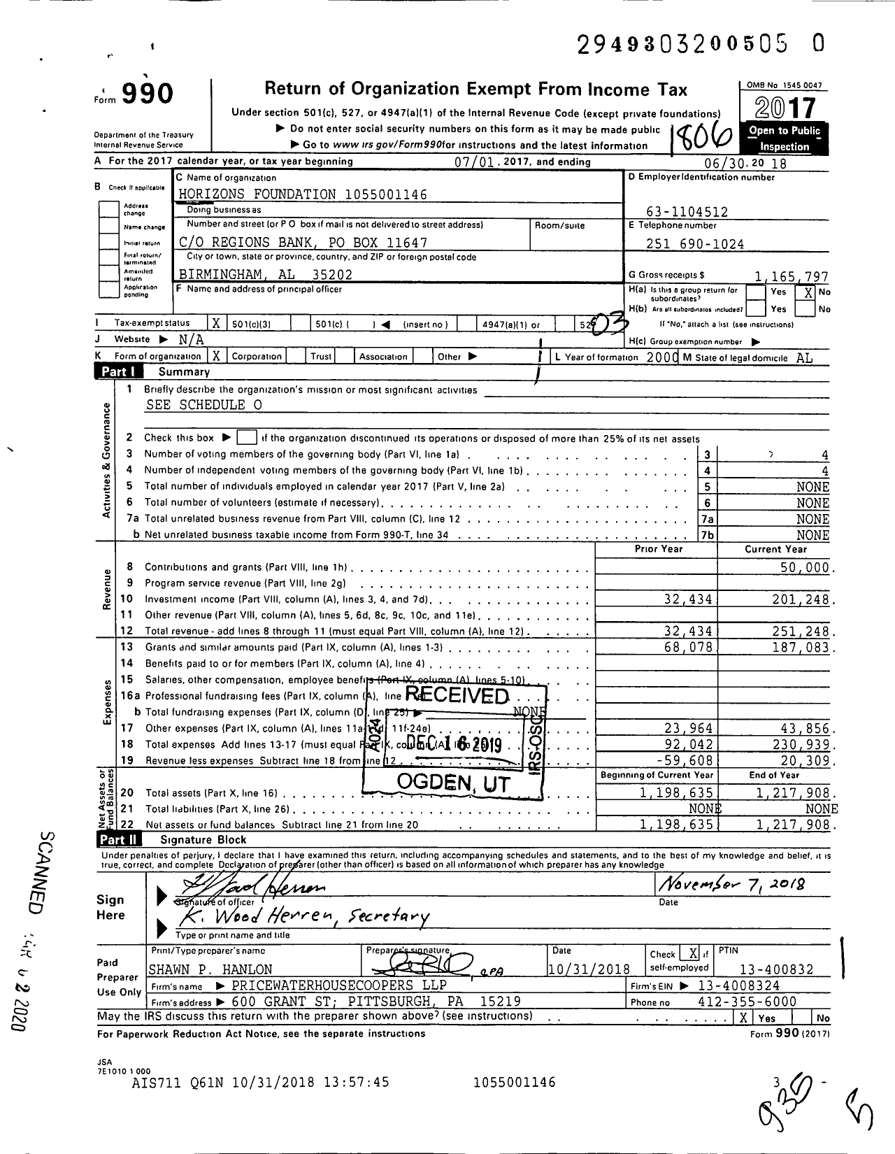 Image of first page of 2017 Form 990 for Horizons Foundation