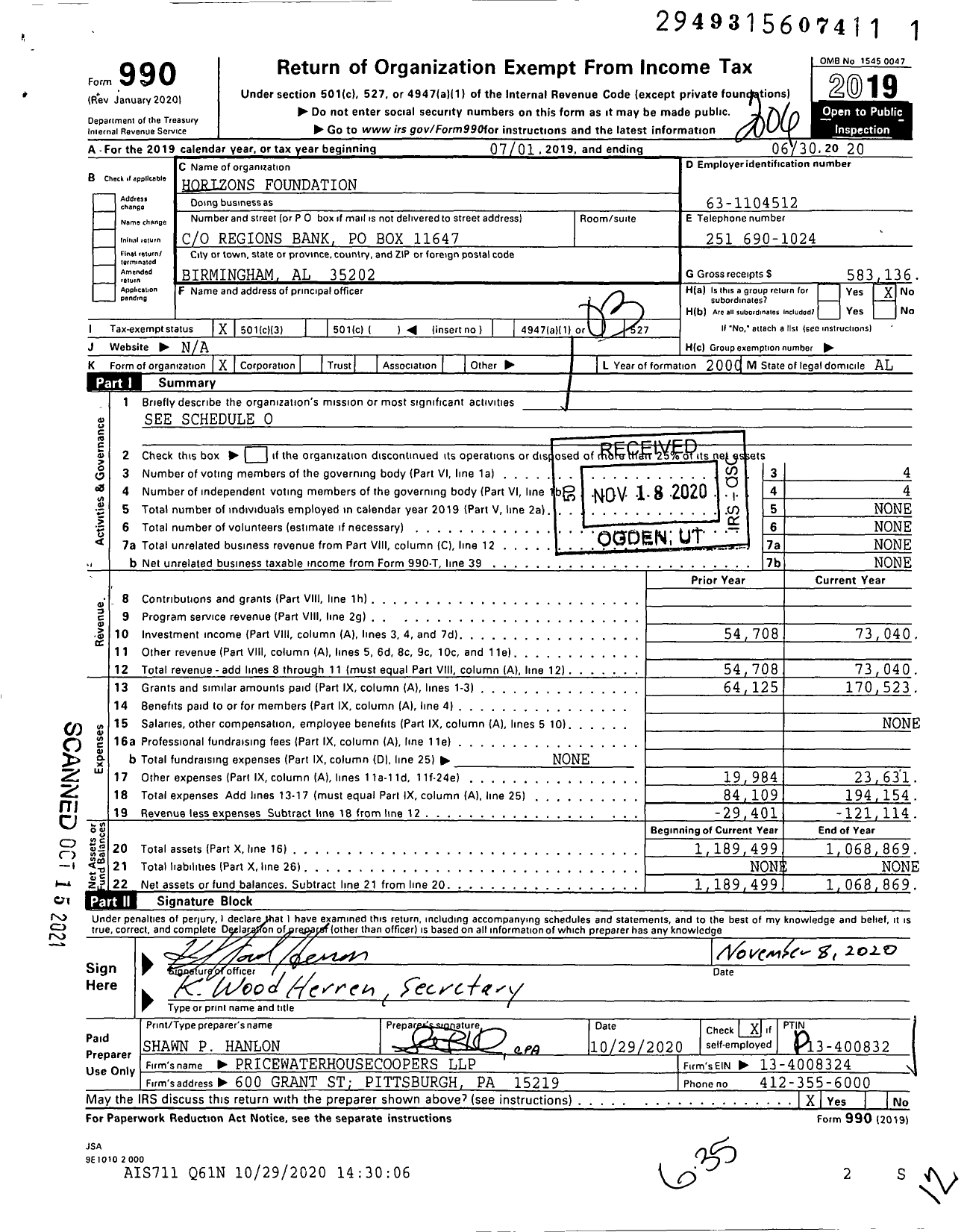 Image of first page of 2019 Form 990 for Horizons Foundation