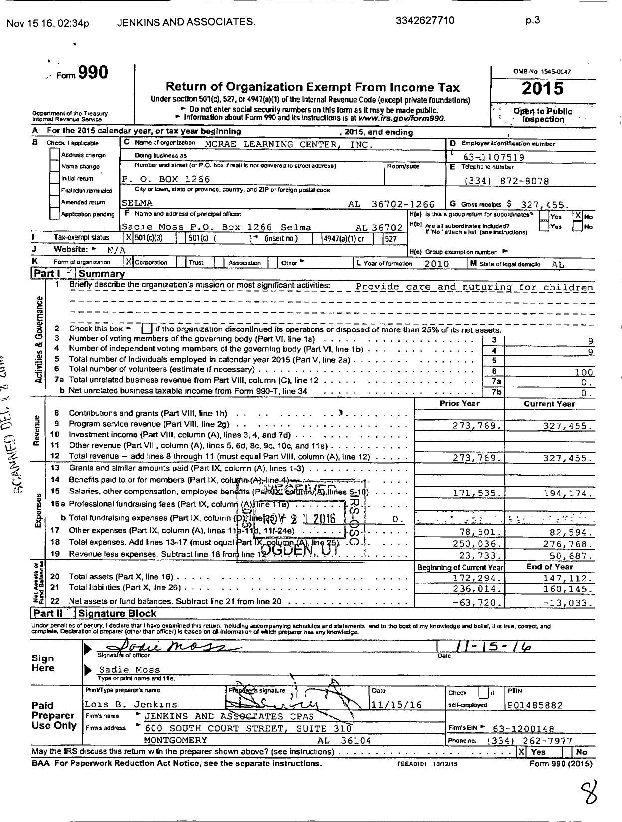 Image of first page of 2015 Form 990 for Mcrae Learning Center