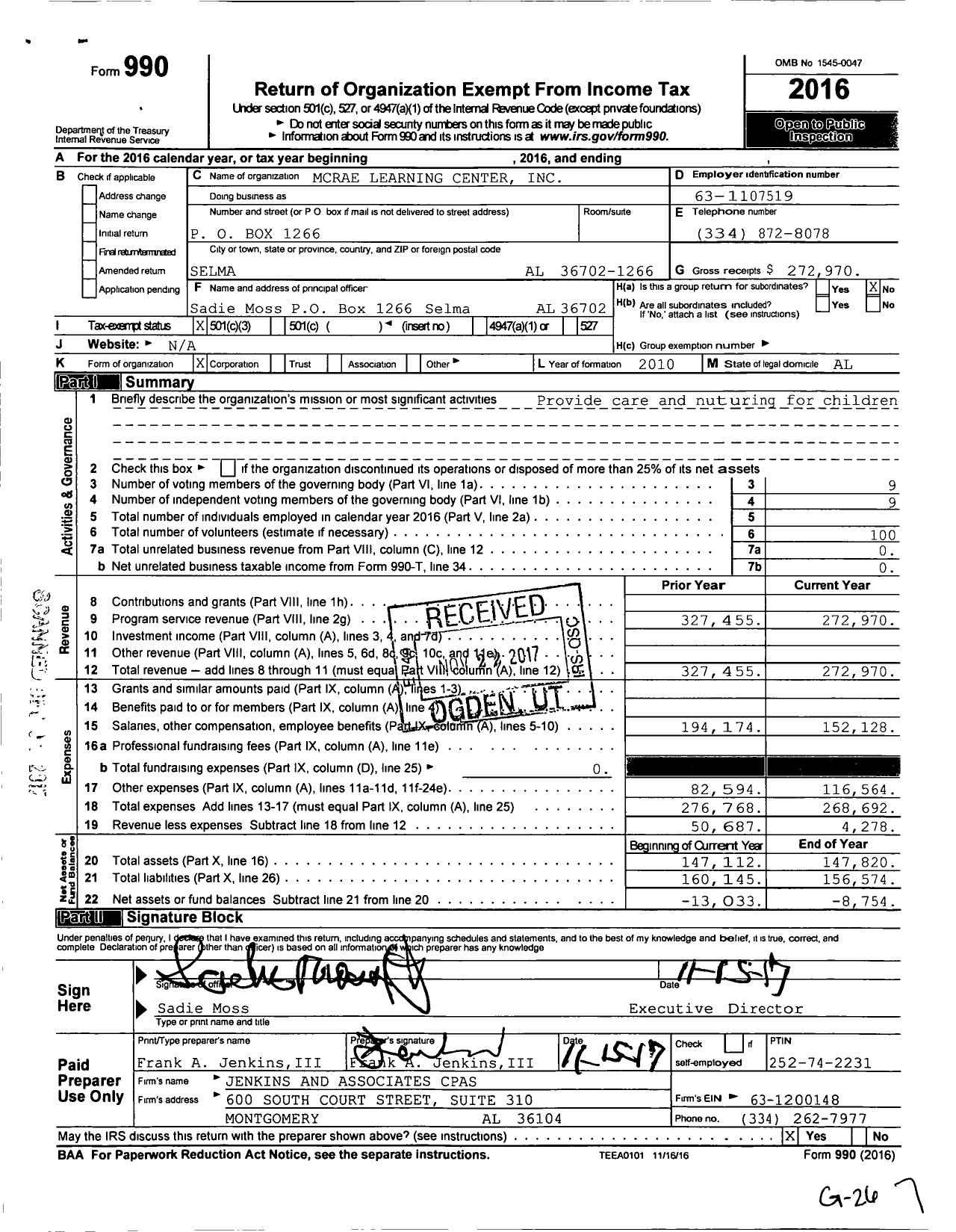 Image of first page of 2016 Form 990 for Mcrae Learning Center