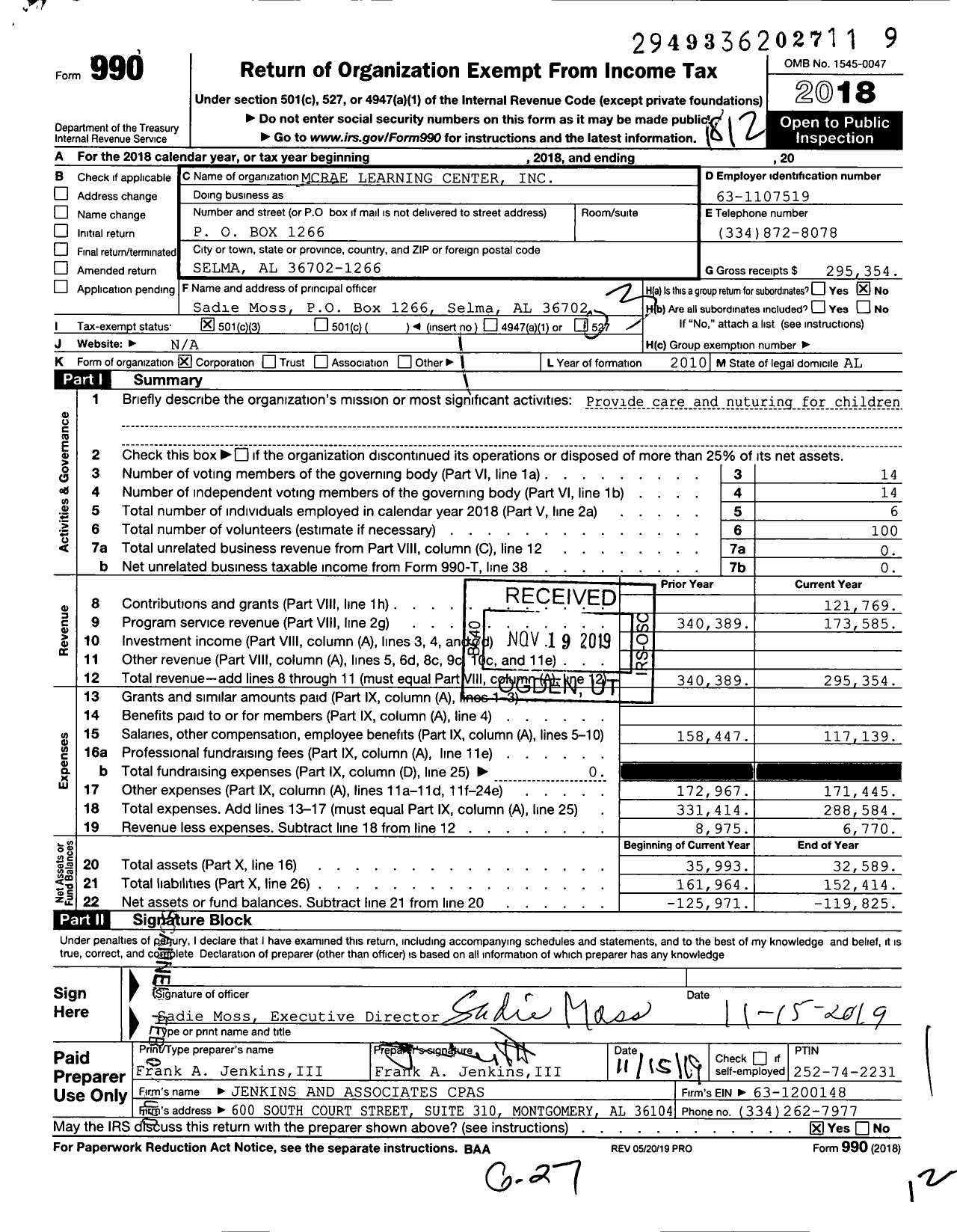 Image of first page of 2018 Form 990 for Mcrae Learning Center