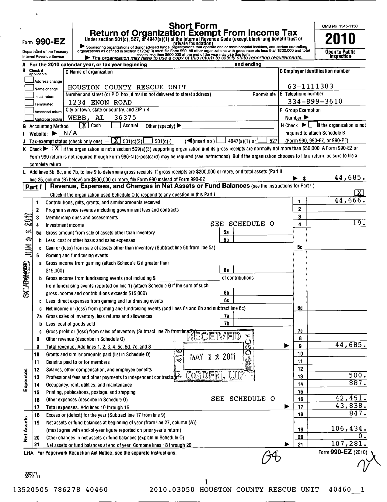 Image of first page of 2010 Form 990EZ for Houston County Rescue Unit