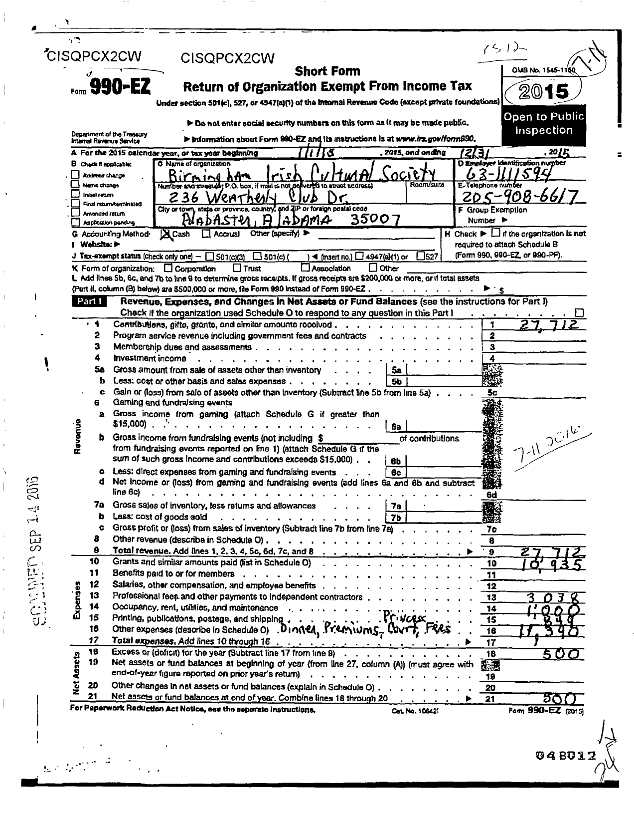 Image of first page of 2015 Form 990EO for Irish Cultural Society and Celebration