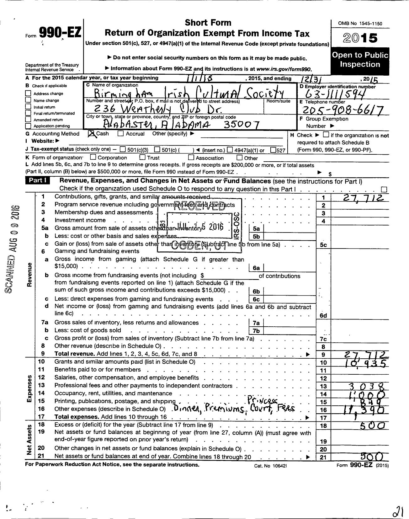 Image of first page of 2015 Form 990EO for Irish Cultural Society and Celebration