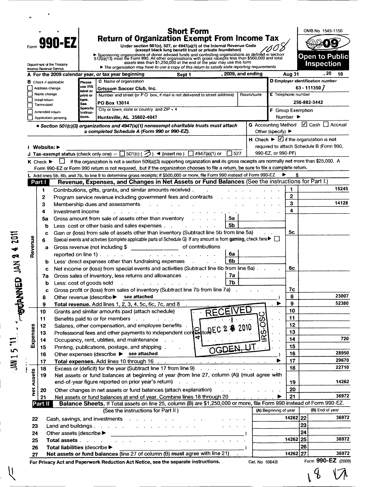 Image of first page of 2009 Form 990EZ for Grissom Soccer Club