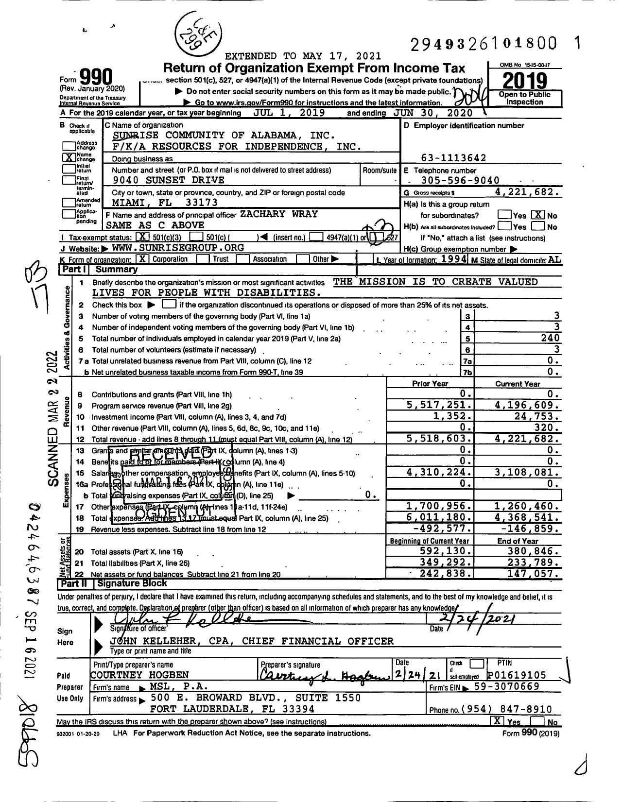 Image of first page of 2019 Form 990 for Sunrise Community of Alabama