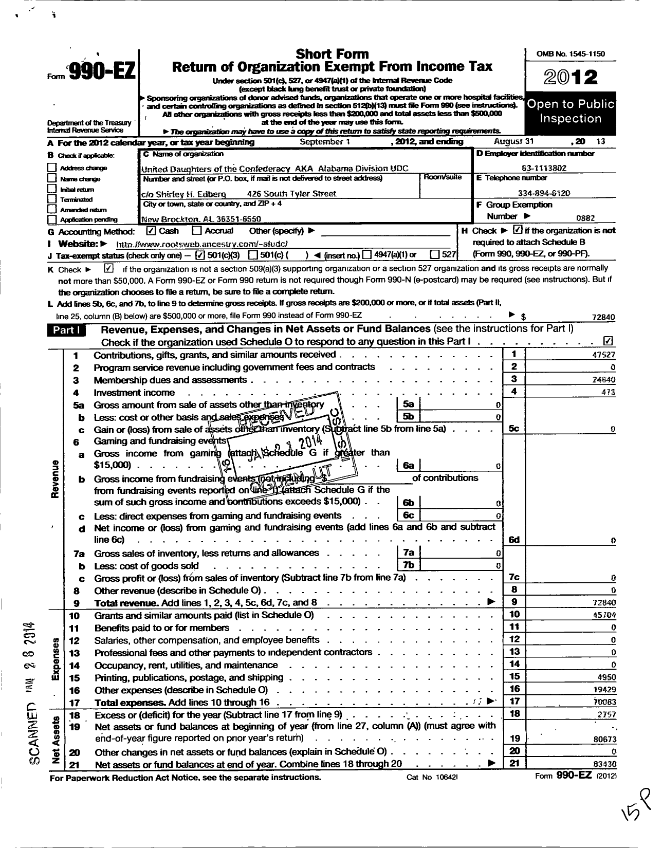 Image of first page of 2012 Form 990EZ for United Daughters of the Confederacy - Alabama Division Udc