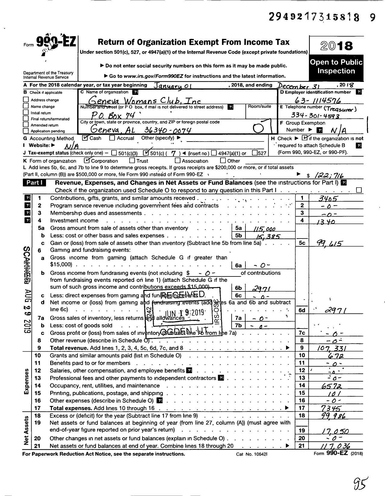 Image of first page of 2018 Form 990EO for Geneva Womans Club