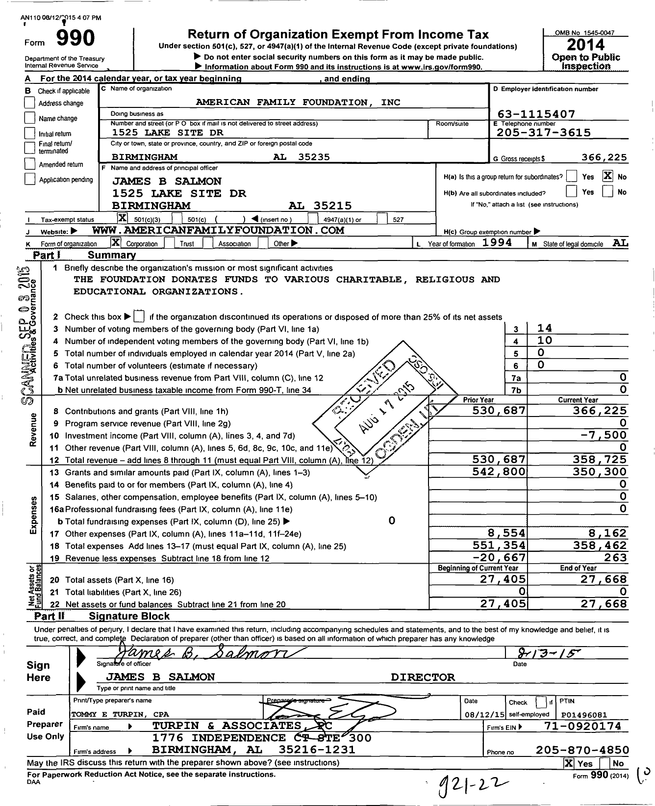 Image of first page of 2014 Form 990 for American Family Foundation