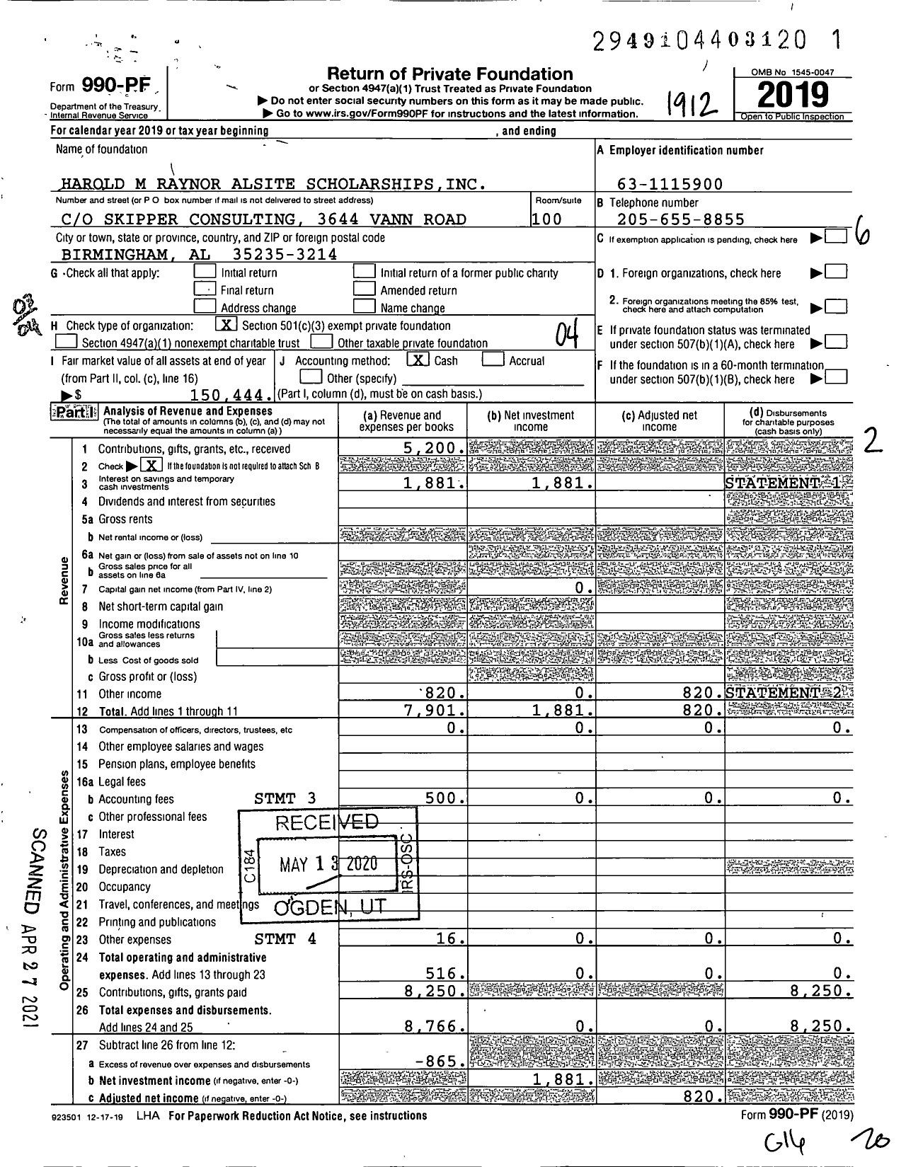 Image of first page of 2019 Form 990PF for Harold M Raynor Alsite Scholarships