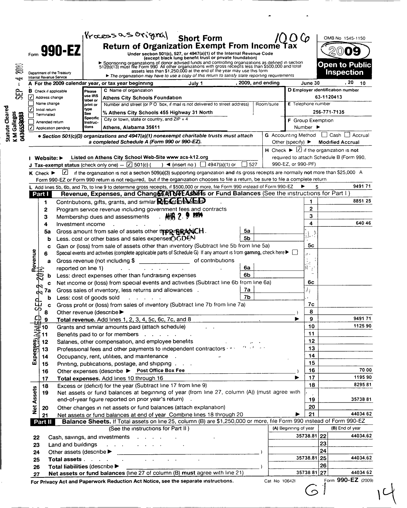 Image of first page of 2009 Form 990EO for Athens City Schools Foundation