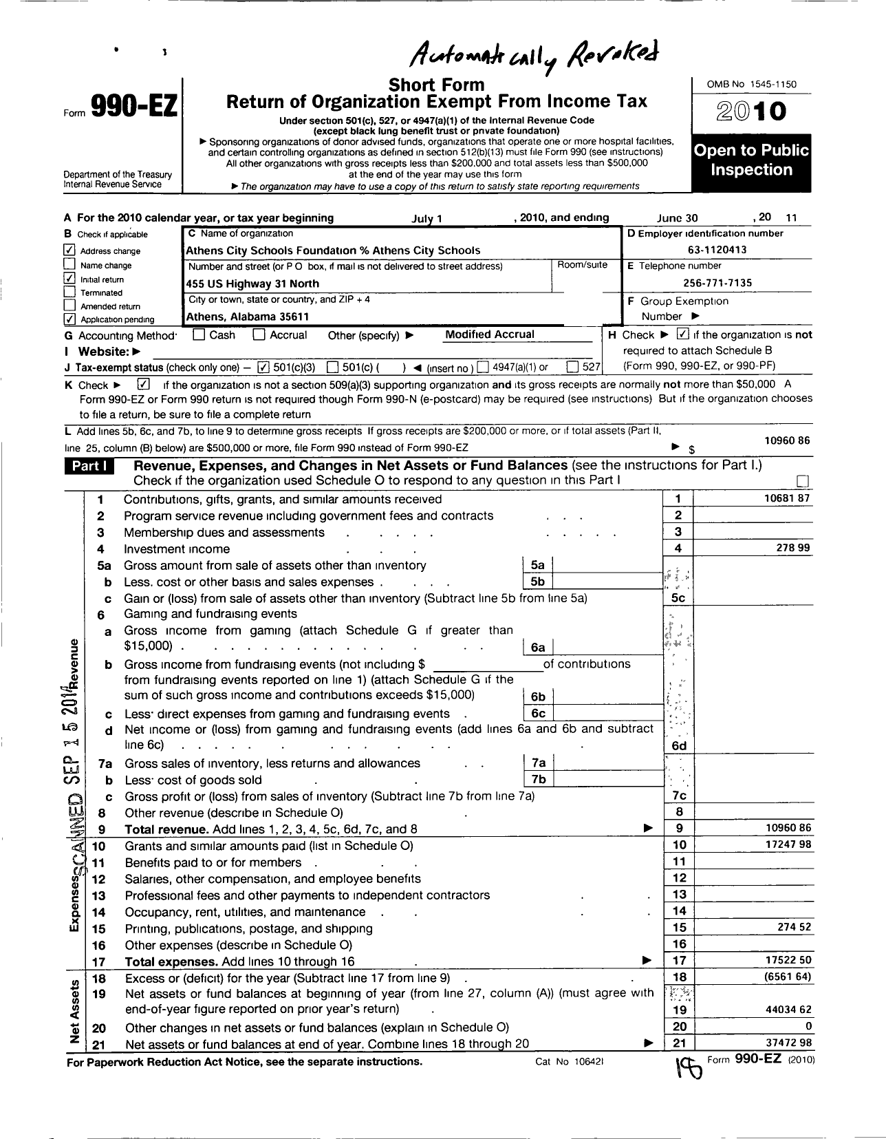 Image of first page of 2010 Form 990EZ for Athens City Schools Foundation