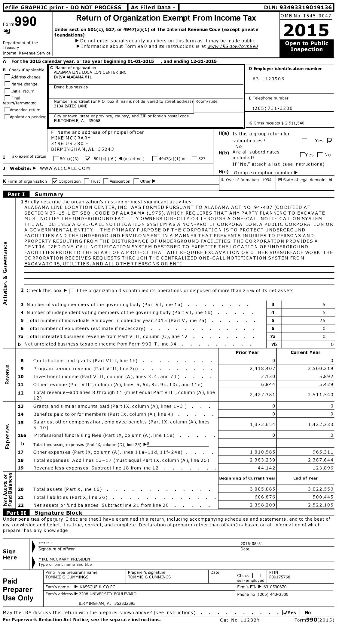 Image of first page of 2015 Form 990O for Alabama 811