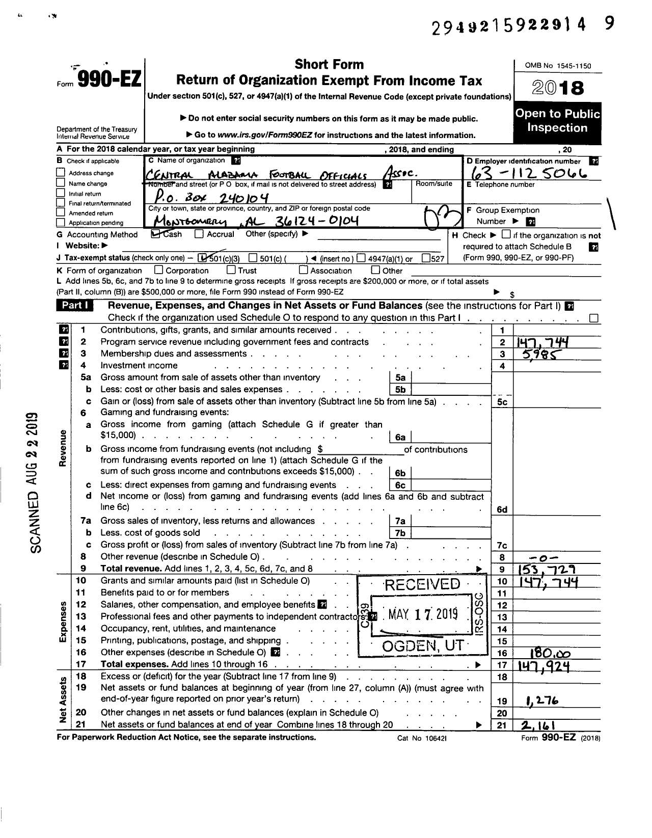 Image of first page of 2018 Form 990EZ for Central Alabama Football Officials Association