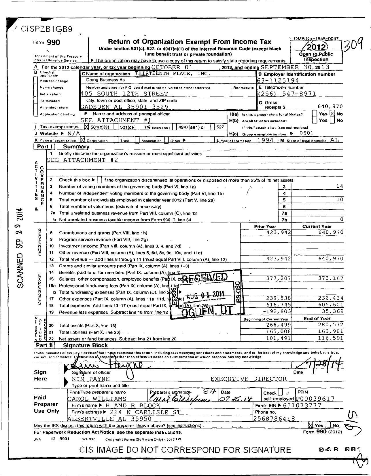 Image of first page of 2012 Form 990 for Thirteenth Place