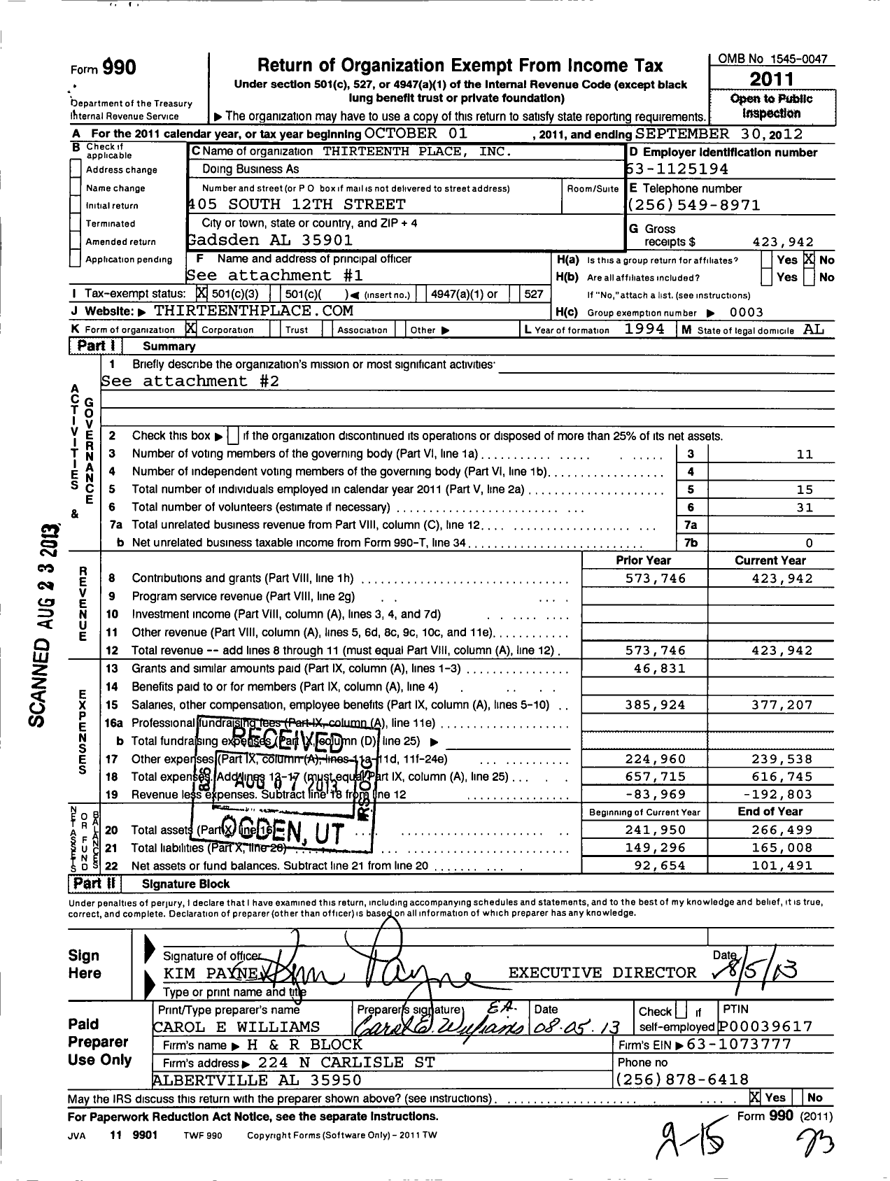 Image of first page of 2011 Form 990 for Thirteenth Place