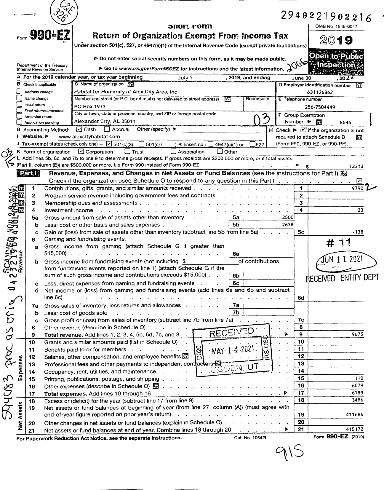 Image of first page of 2019 Form 990EZ for Habitat for Humanity - Alex City Area HFH