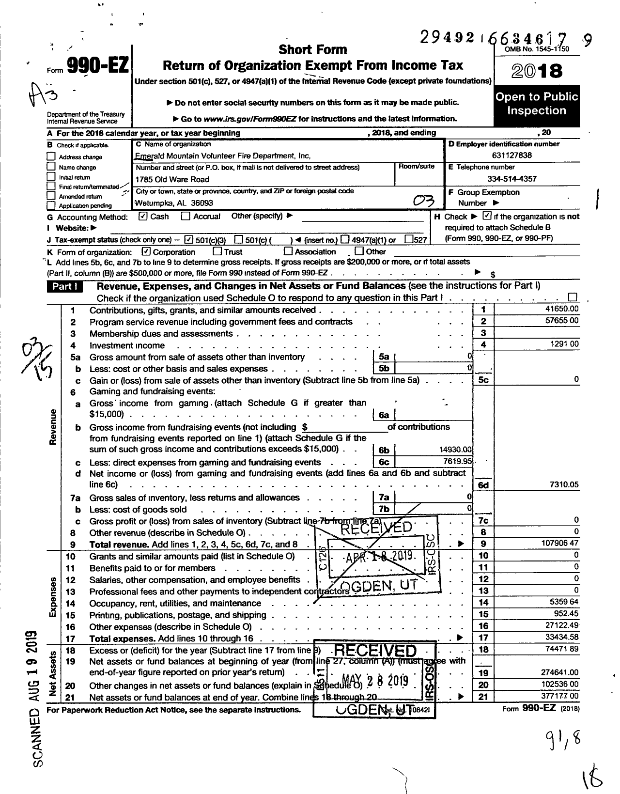 Image of first page of 2018 Form 990EZ for Emerald Mountain Volunteer Fire Department