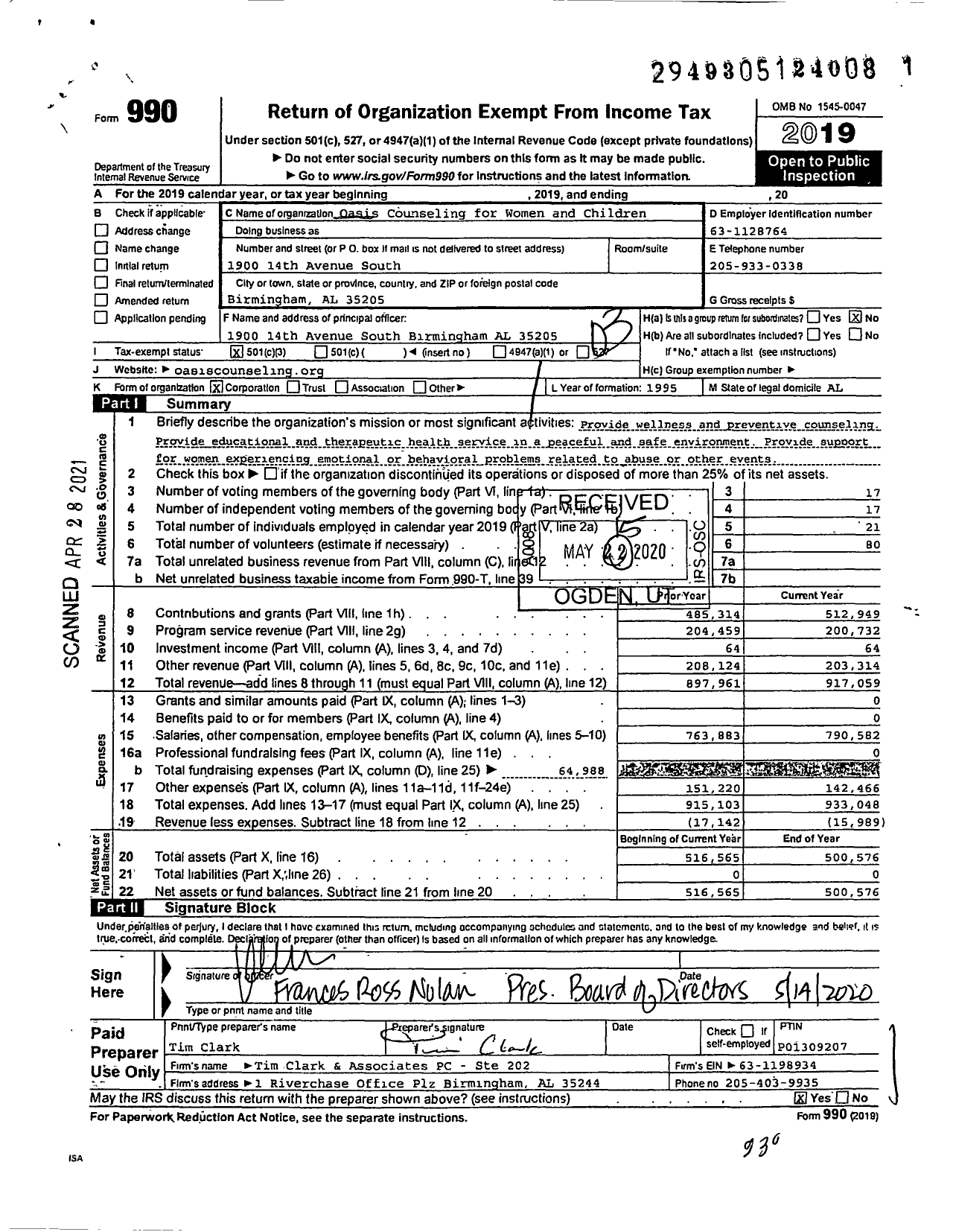 Image of first page of 2019 Form 990 for Oasis Counseling for Women and Children