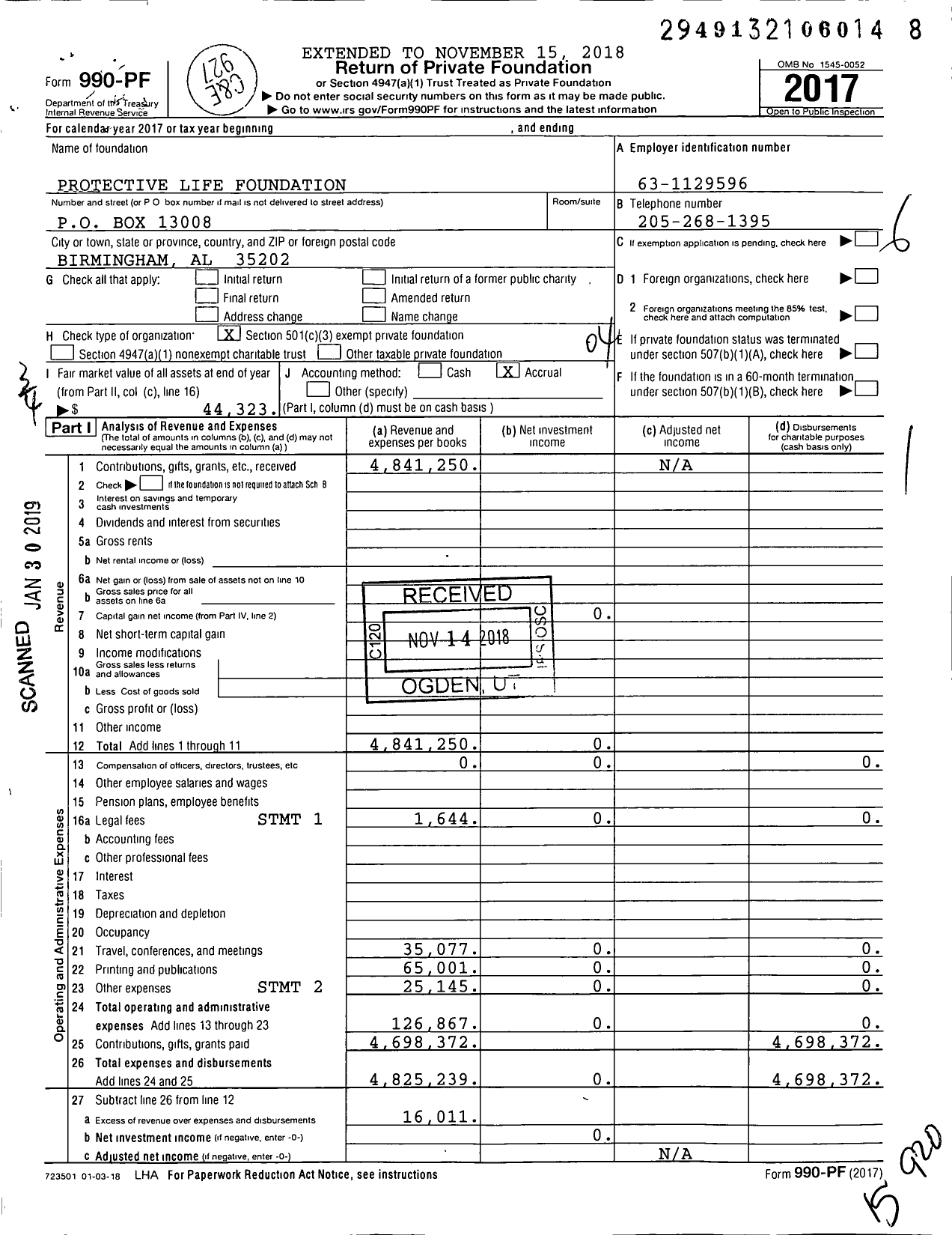 Image of first page of 2017 Form 990PF for Protective Life Foundation