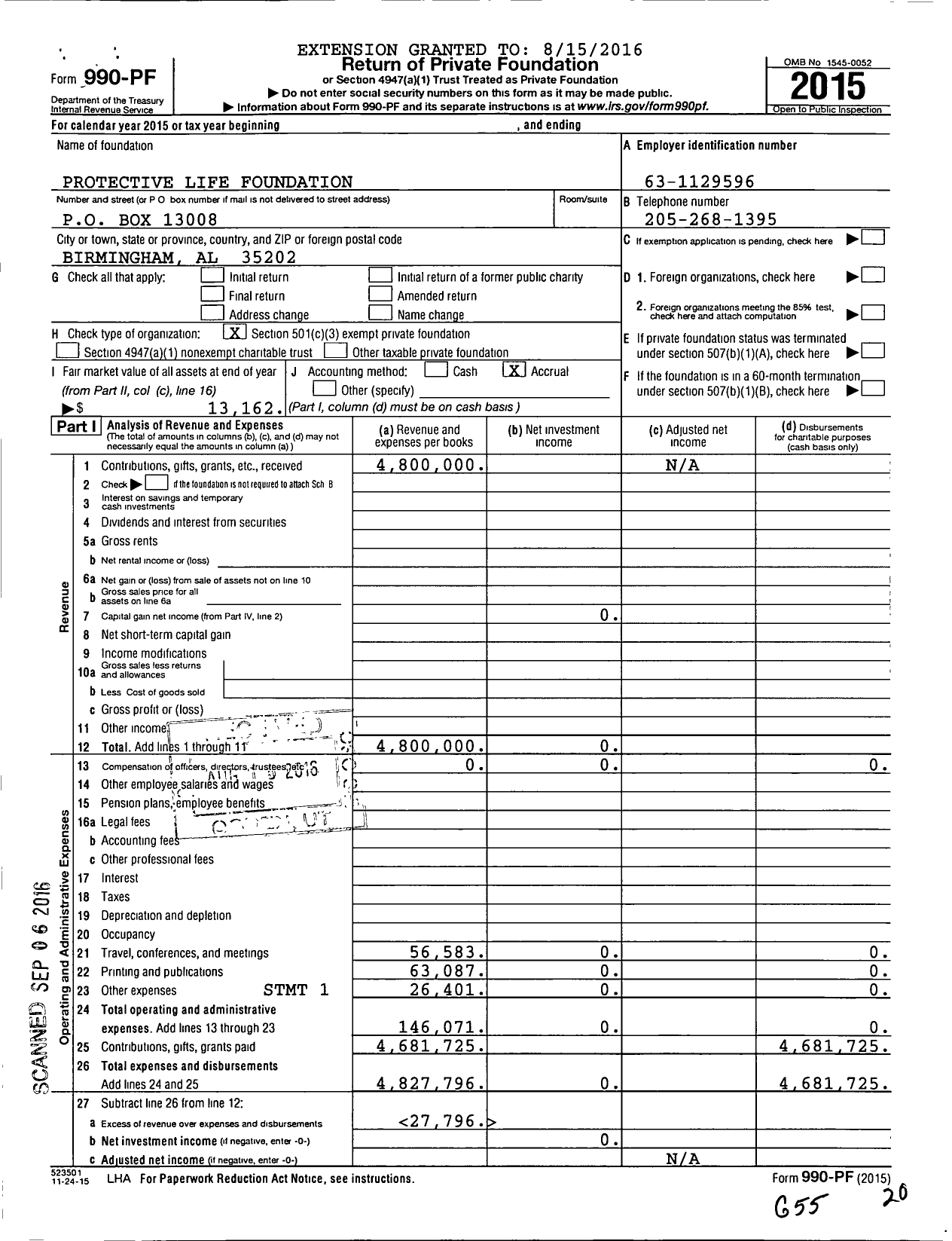 Image of first page of 2015 Form 990PF for Protective Life Foundation